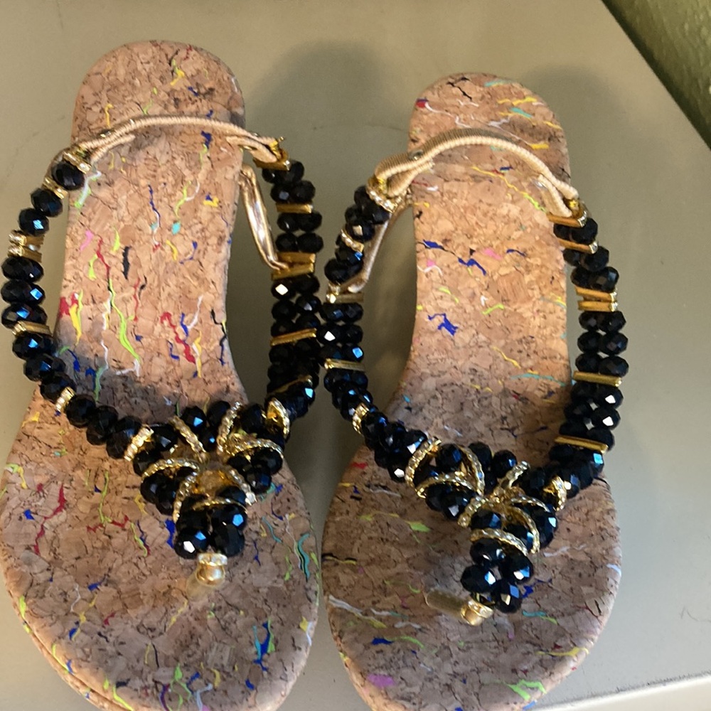Stylish Black and Gold Wedge Sandals